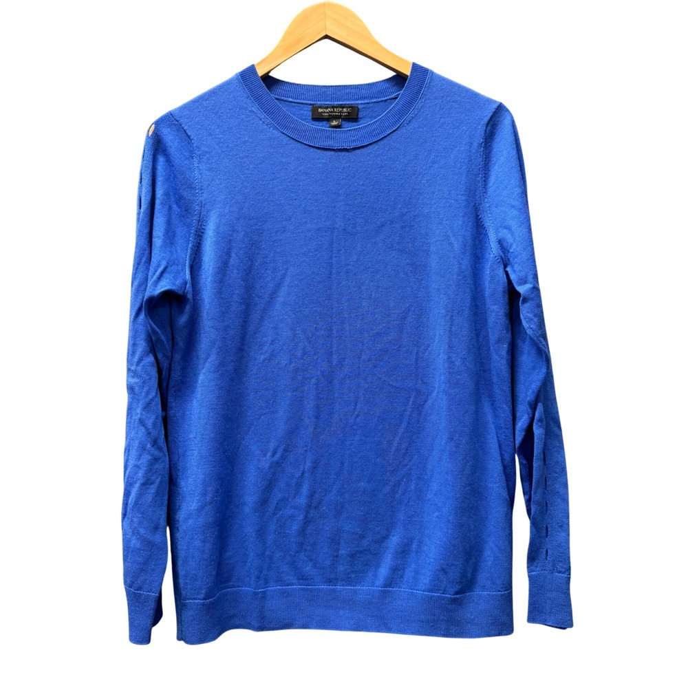 Banana Republic Sweater Womens Large‎ Merino Wool Pointelle Sleeve Blue Pullover